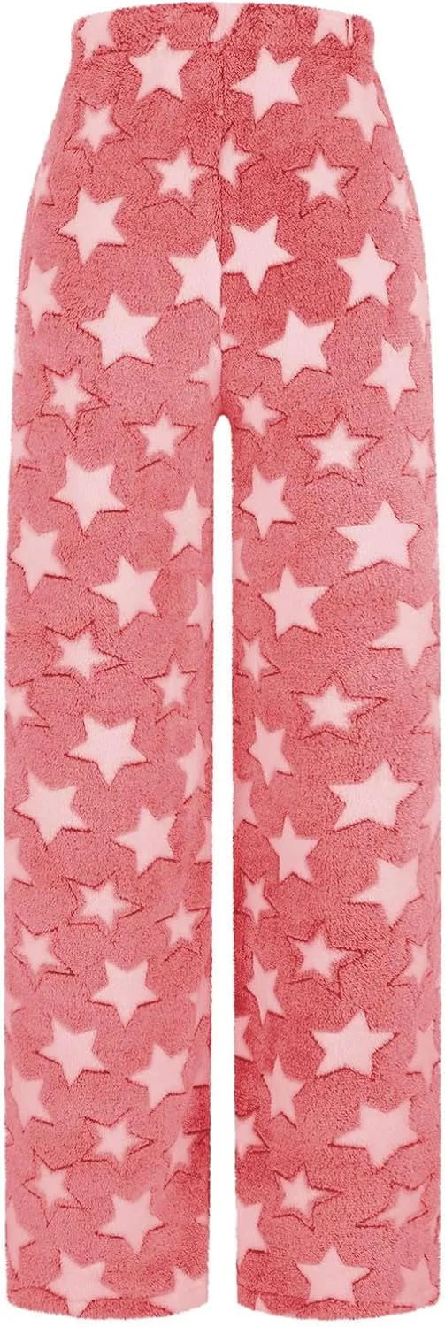 Plush Pajama Pants Women Fluffy Fleece Lounge Pants Fuzzy Warm Pj Bottoms Star Graphic Flannel Loungewear Pants