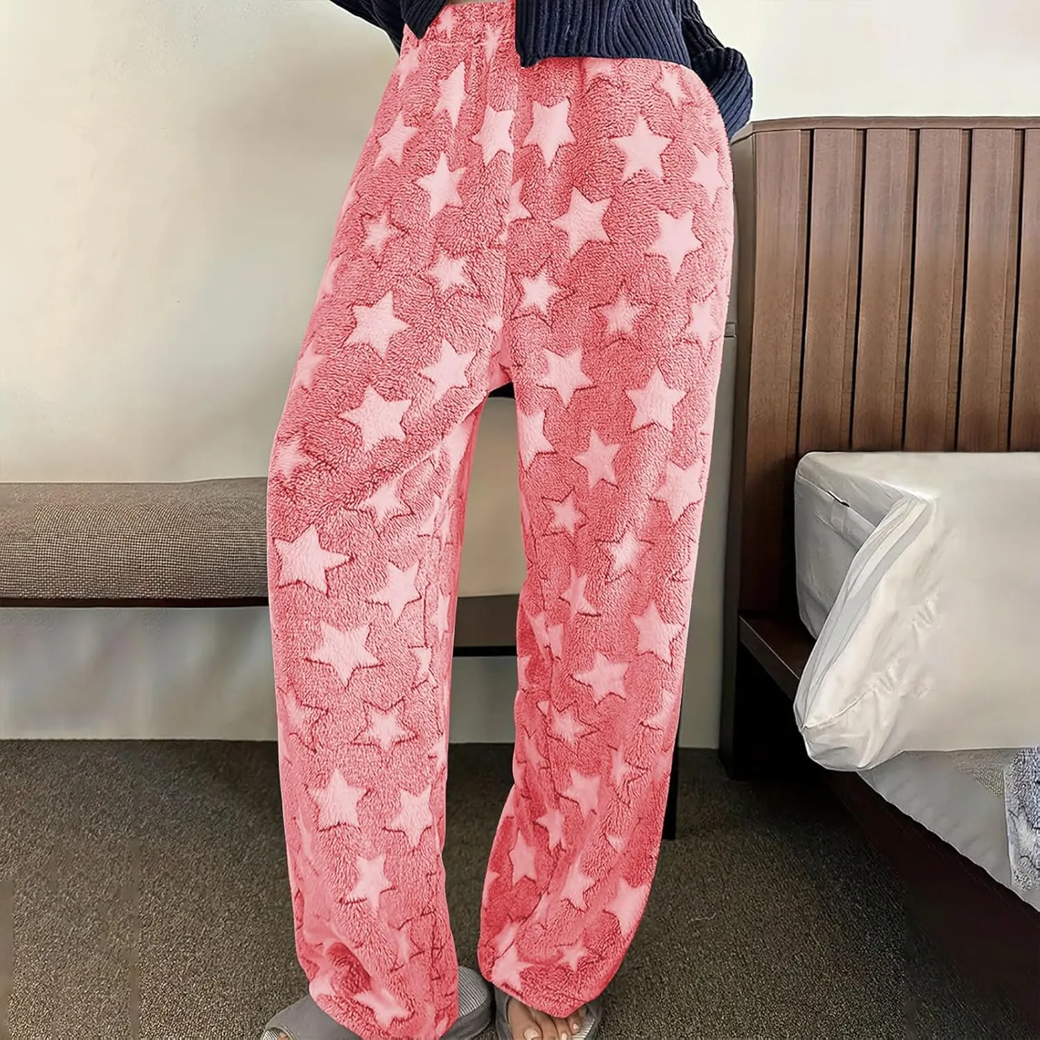 Plush Pajama Pants Women Fluffy Fleece Lounge Pants Fuzzy Warm Pj Bottoms Star Graphic Flannel Loungewear Pants