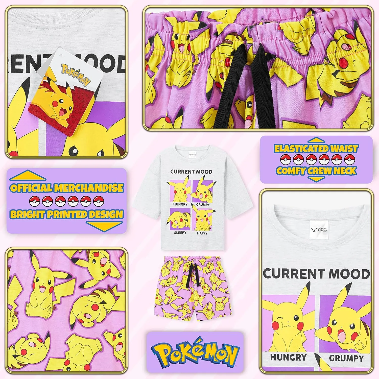 Pokemon Pyjamas for Girls PJs Soft Breathable Nightwear Pyjamas for Teenegers Pikachu 5-14 Years Gifts for Girls