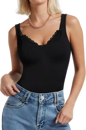 Popilush Body Suits for Womens - Modal Shapewear Bodysuit Tummy Control - Lace Layered Bra Going Out Tops