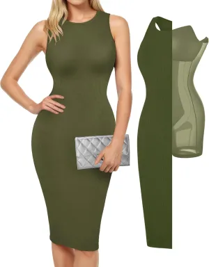 Popilush Midi Dresses for Women - Summer Bodycon Shapewear Sleeveless Crew Neck Dress Causal Party Club Outfits