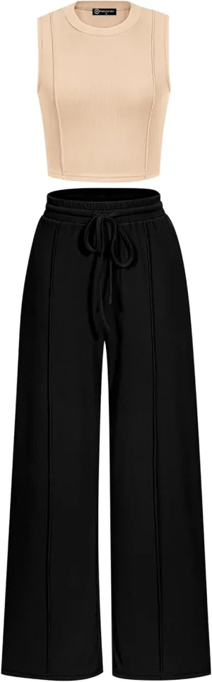 PRETTYGARDEN Women's Summer 2 Piece Loungewear Set Cropped Tank Top Wide Leg Sweatpants Tracksuit Casual Outfits