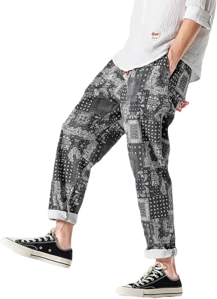 PRIJOUHE Mens Elastic Waist Drawstring Jeans Casual Stretchy Regular Fit Tapered Leg Distressed Jeans Pants
