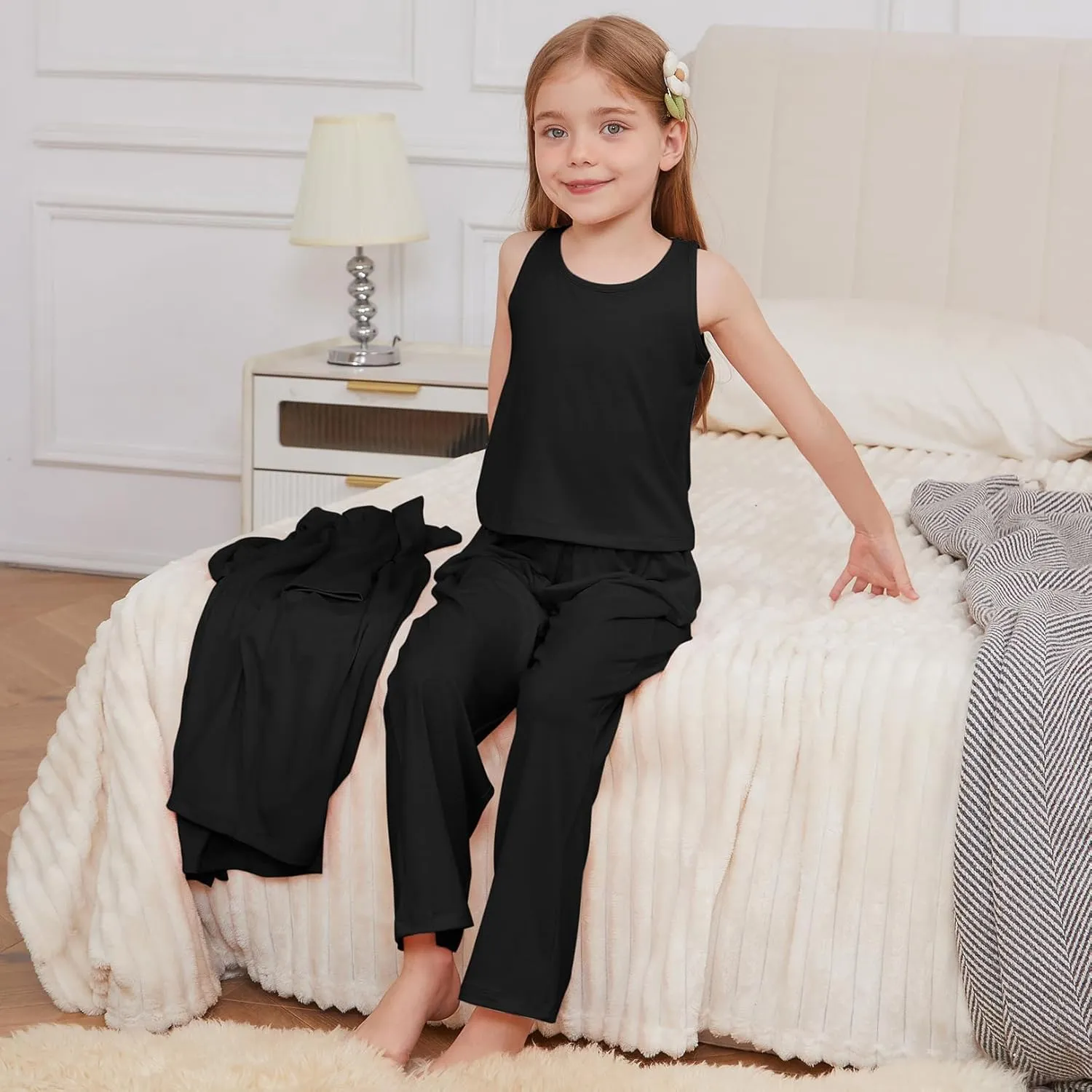 QPANCY Girls 3 Pieces Pajamas Kids Casual Loungewear Open Front Coat Tank Top Pants Pjs Set