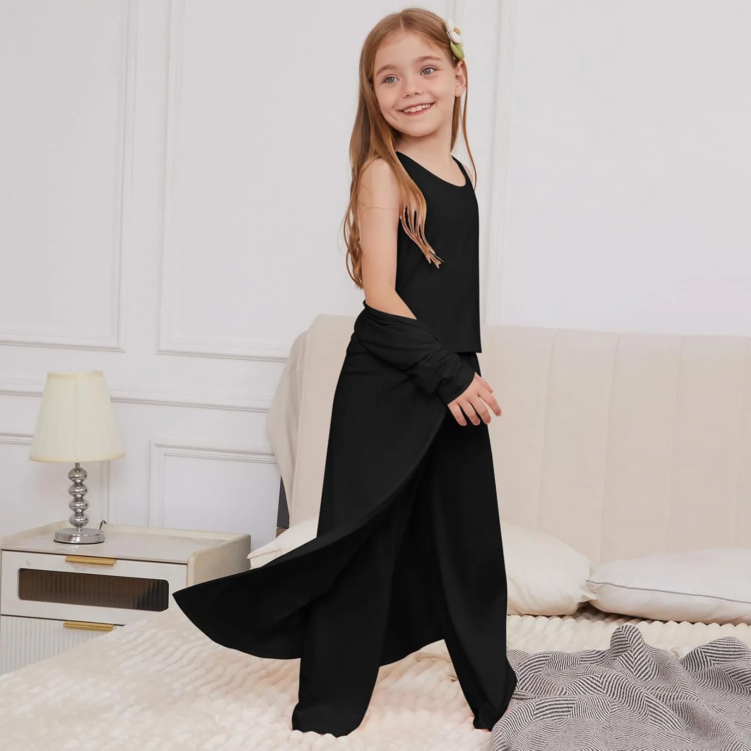 QPANCY Girls 3 Pieces Pajamas Kids Casual Loungewear Open Front Coat Tank Top Pants Pjs Set