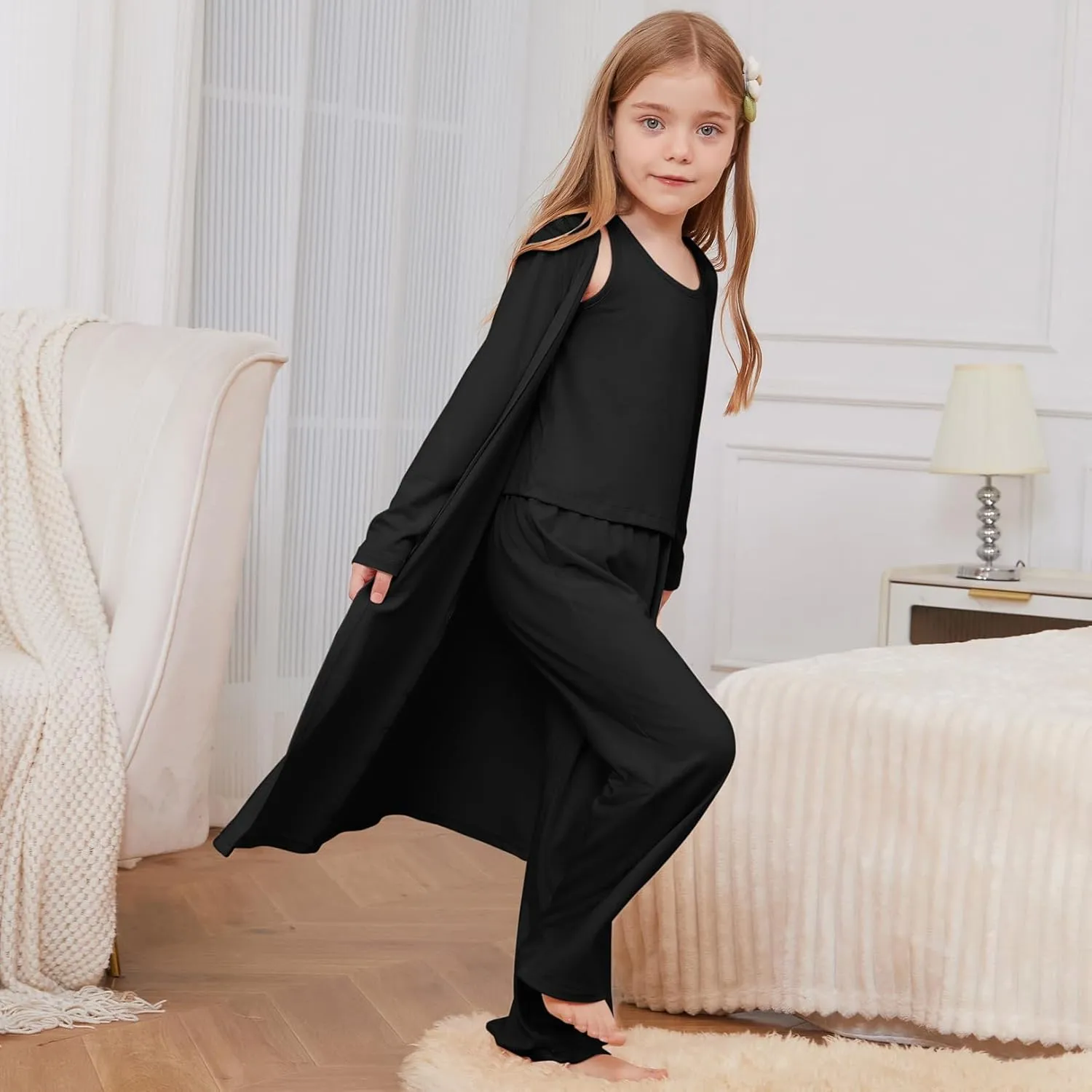 QPANCY Girls 3 Pieces Pajamas Kids Casual Loungewear Open Front Coat Tank Top Pants Pjs Set