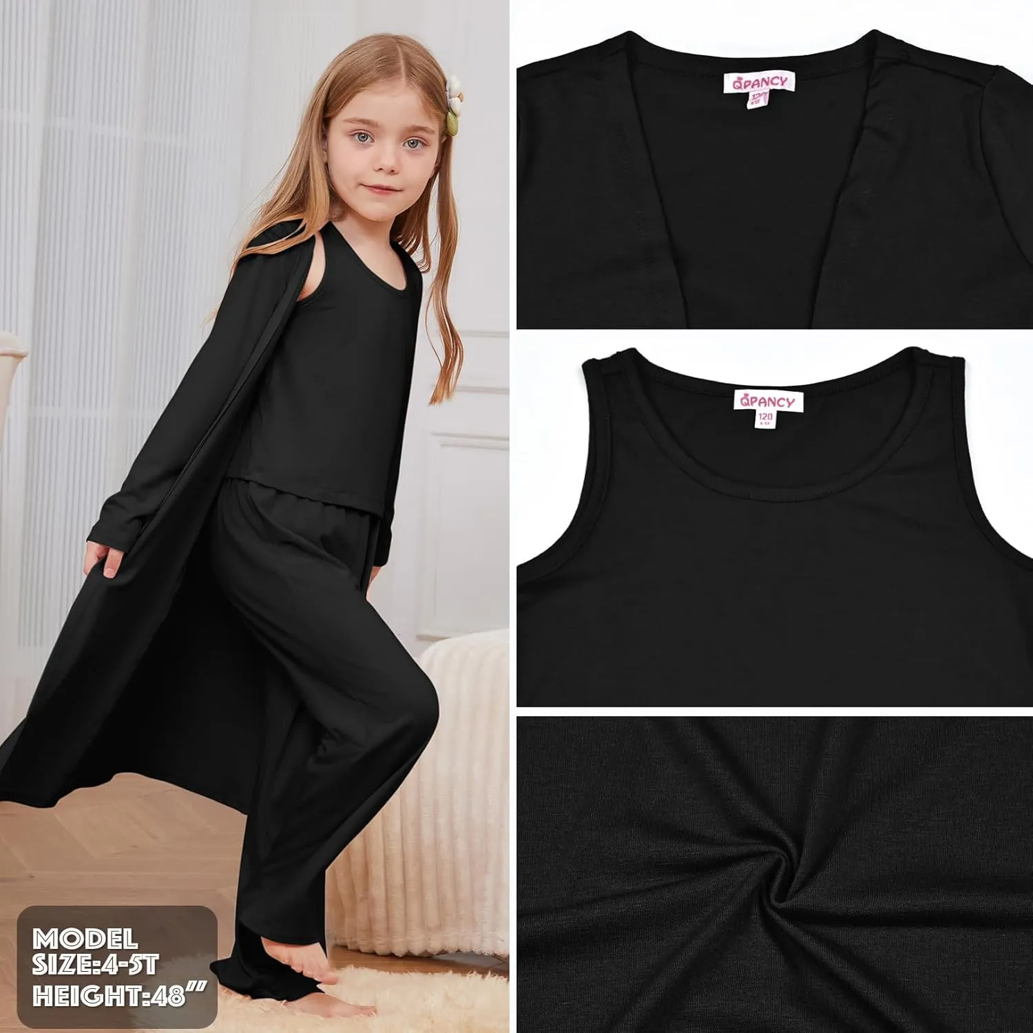 QPANCY Girls 3 Pieces Pajamas Kids Casual Loungewear Open Front Coat Tank Top Pants Pjs Set