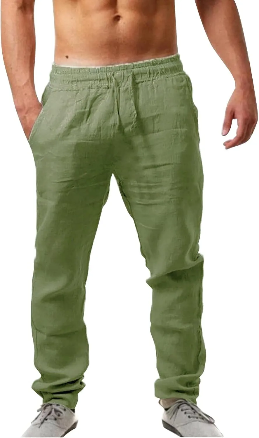 QWENTMTNTY Mens Linen Beach Pants Lightweight Stretch Elastic Waist Pants Summer Casual Loose Fit Tapered Leg Comfy Trousers