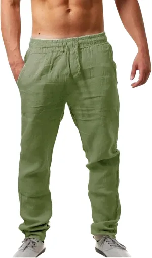 QWENTMTNTY Mens Linen Beach Pants Lightweight Stretch Elastic Waist Pants Summer Casual Loose Fit Tapered Leg Comfy Trousers