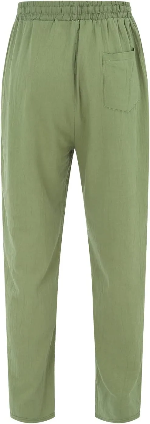 QWENTMTNTY Mens Linen Beach Pants Lightweight Stretch Elastic Waist Pants Summer Casual Loose Fit Tapered Leg Comfy Trousers