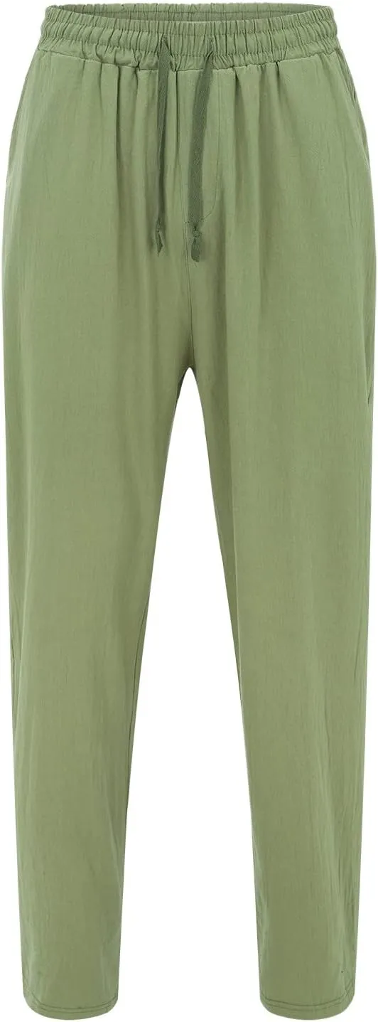 QWENTMTNTY Mens Linen Beach Pants Lightweight Stretch Elastic Waist Pants Summer Casual Loose Fit Tapered Leg Comfy Trousers