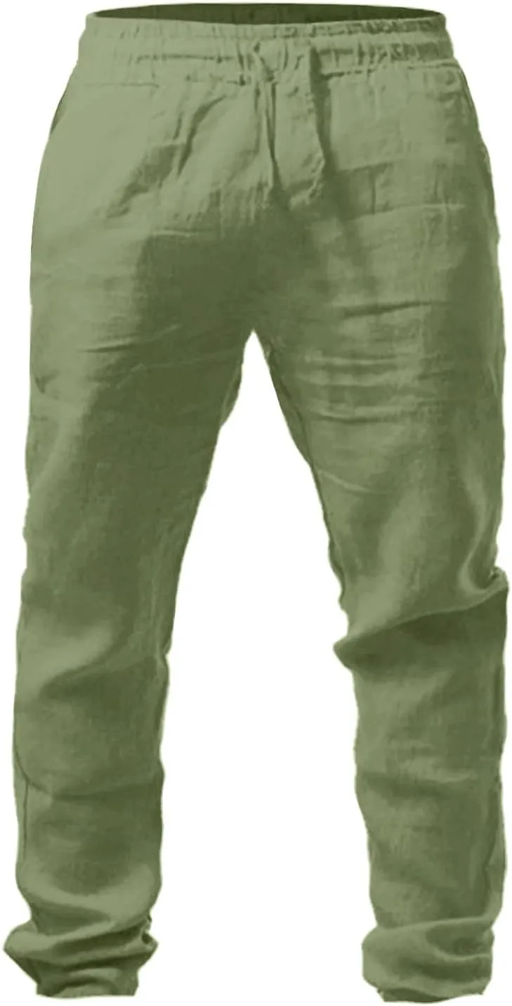 QWENTMTNTY Mens Linen Beach Pants Lightweight Stretch Elastic Waist Pants Summer Casual Loose Fit Tapered Leg Comfy Trousers