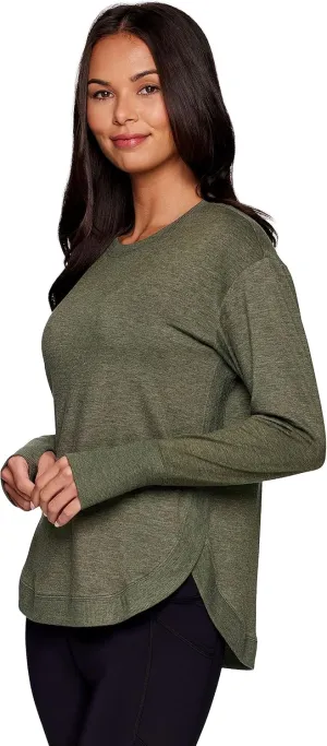 RBX Women's Lightweight French Terry Top, Crewneck Long Sleeve Yoga Top With Thumbholes Breathable French Terry Pullover Top with Relaxed Fit Heathered Thyme Olive S