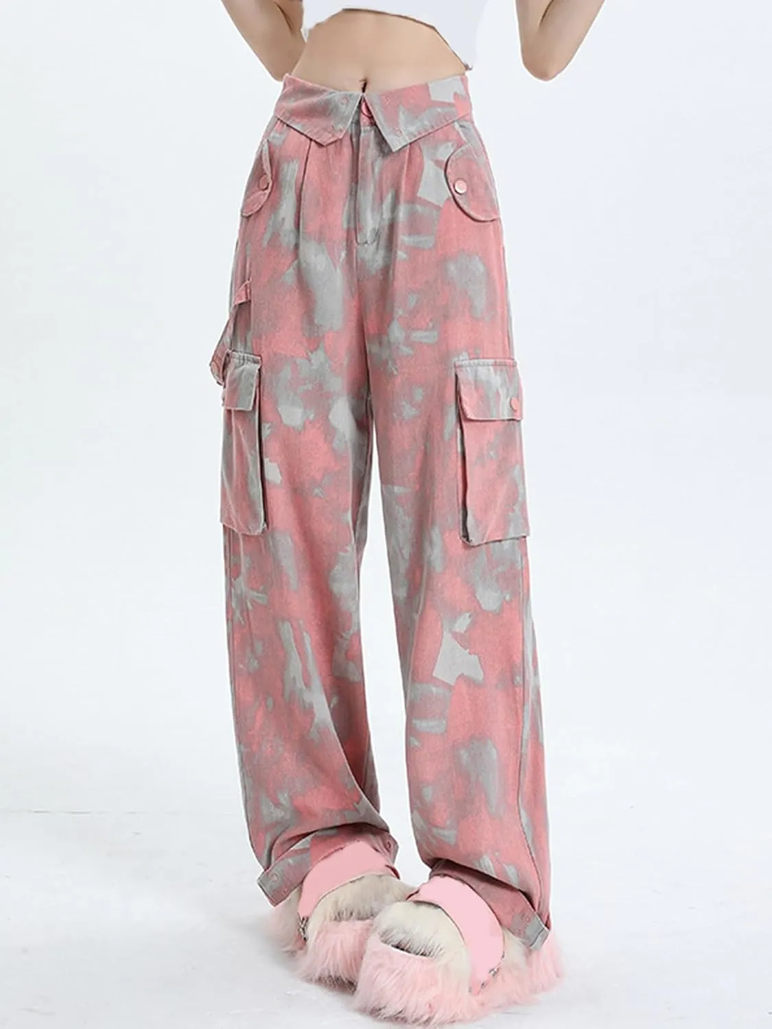 SANGTREE Women's Vintage Cargo Pants Multi-Pocket Loose Wide Leg Casual Pants