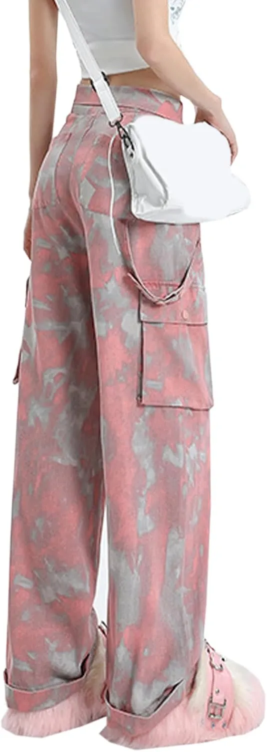 SANGTREE Women's Vintage Cargo Pants Multi-Pocket Loose Wide Leg Casual Pants