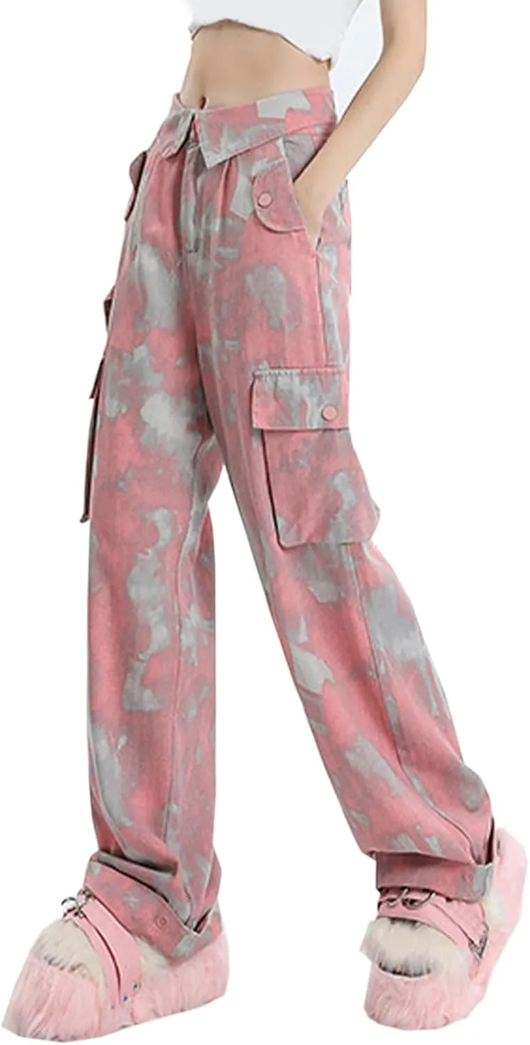 SANGTREE Women's Vintage Cargo Pants Multi-Pocket Loose Wide Leg Casual Pants