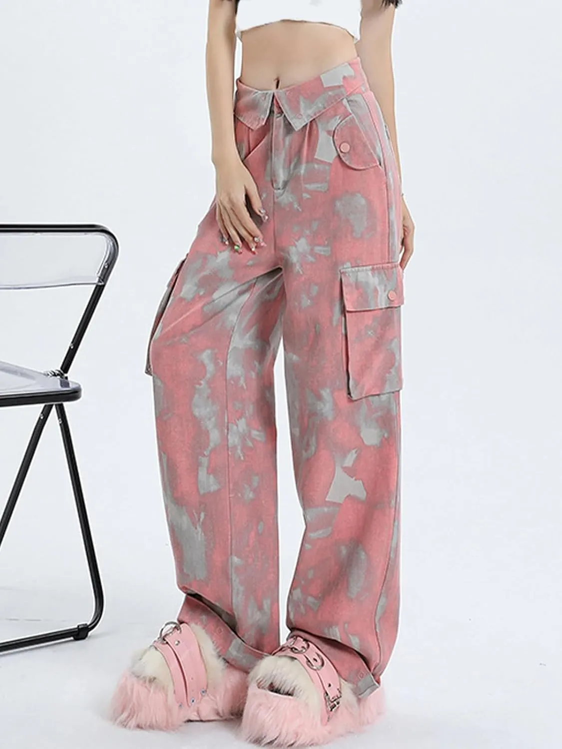 SANGTREE Women's Vintage Cargo Pants Multi-Pocket Loose Wide Leg Casual Pants