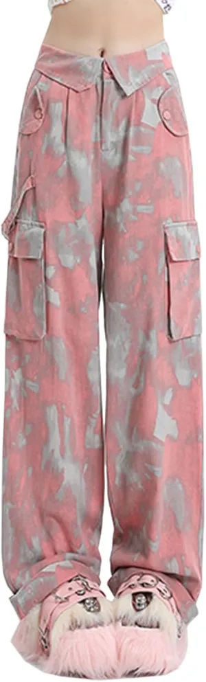 SANGTREE Women's Vintage Cargo Pants Multi-Pocket Loose Wide Leg Casual Pants