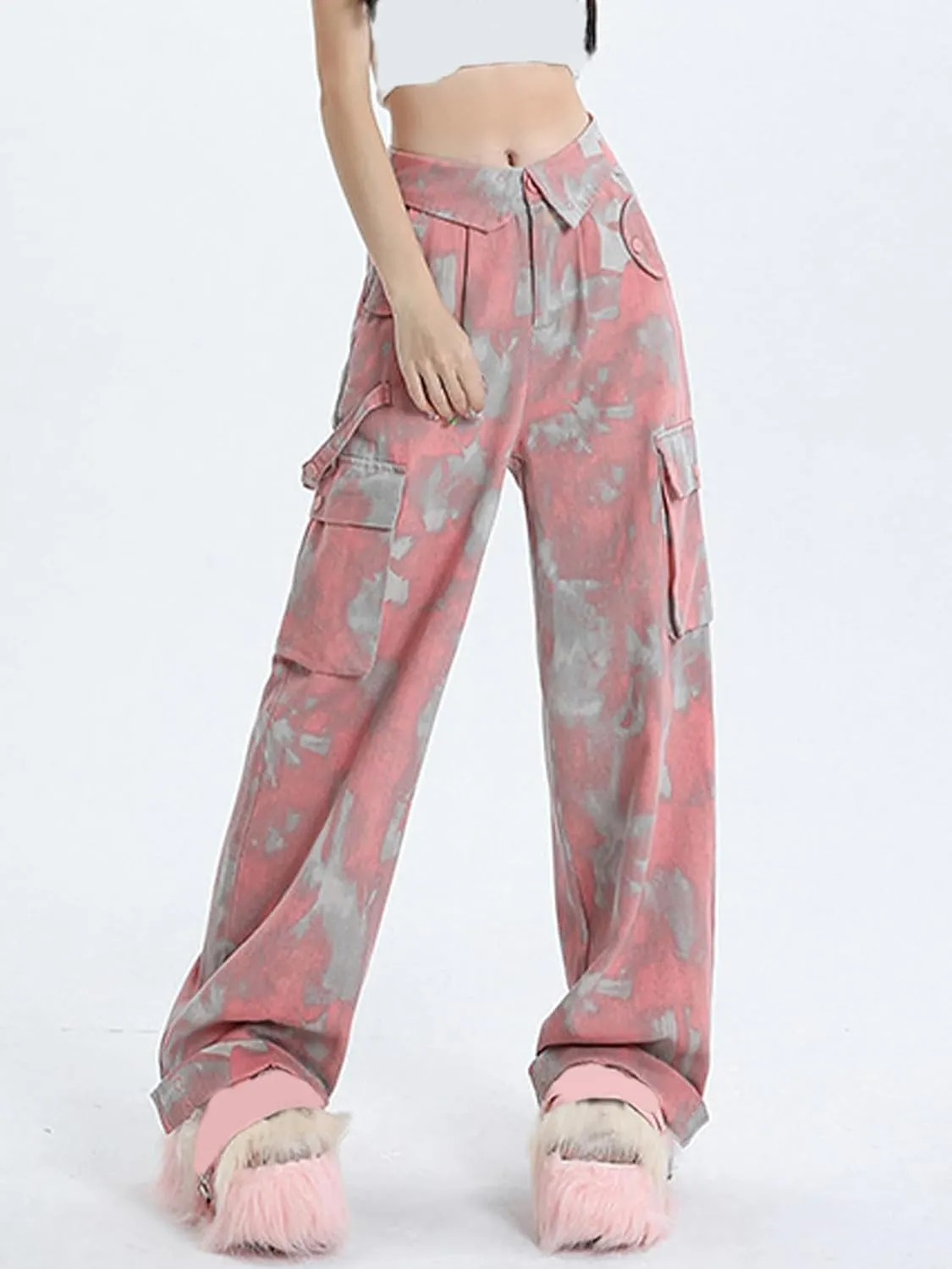 SANGTREE Women's Vintage Cargo Pants Multi-Pocket Loose Wide Leg Casual Pants