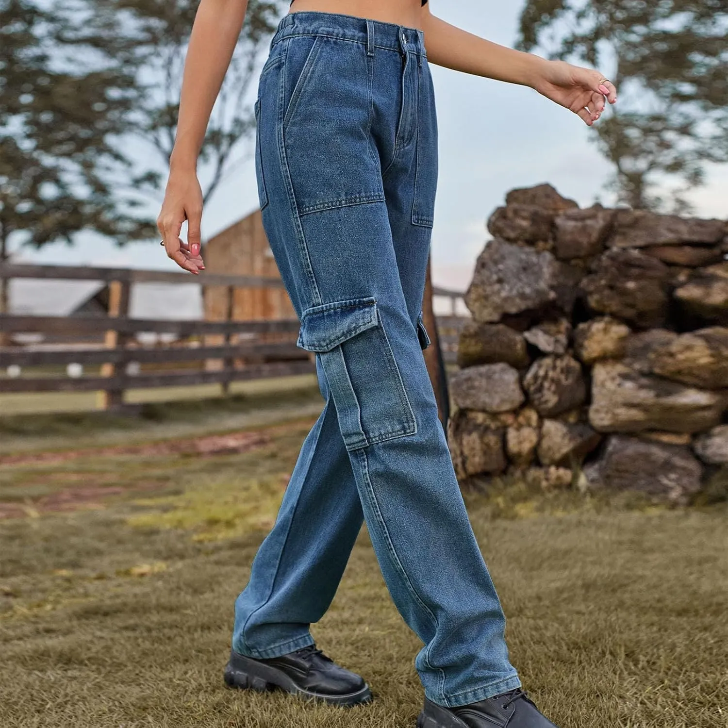 SMIDOW Women Straight Leg Jeans Pants Baggy Cargo Pants Jeans with Multiple Pockets Business Casual Pants Relaxed Fit