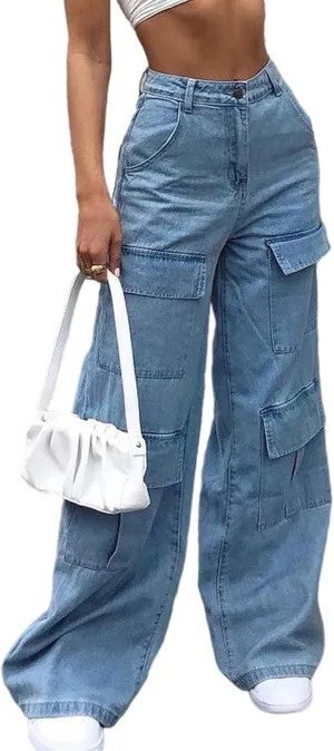 SOMTHRON Women's High Waist Baggy Jeans Flap Pocket Relaxed Fit Denim Pants Straight Wide Leg Trousers Cargo Jeans