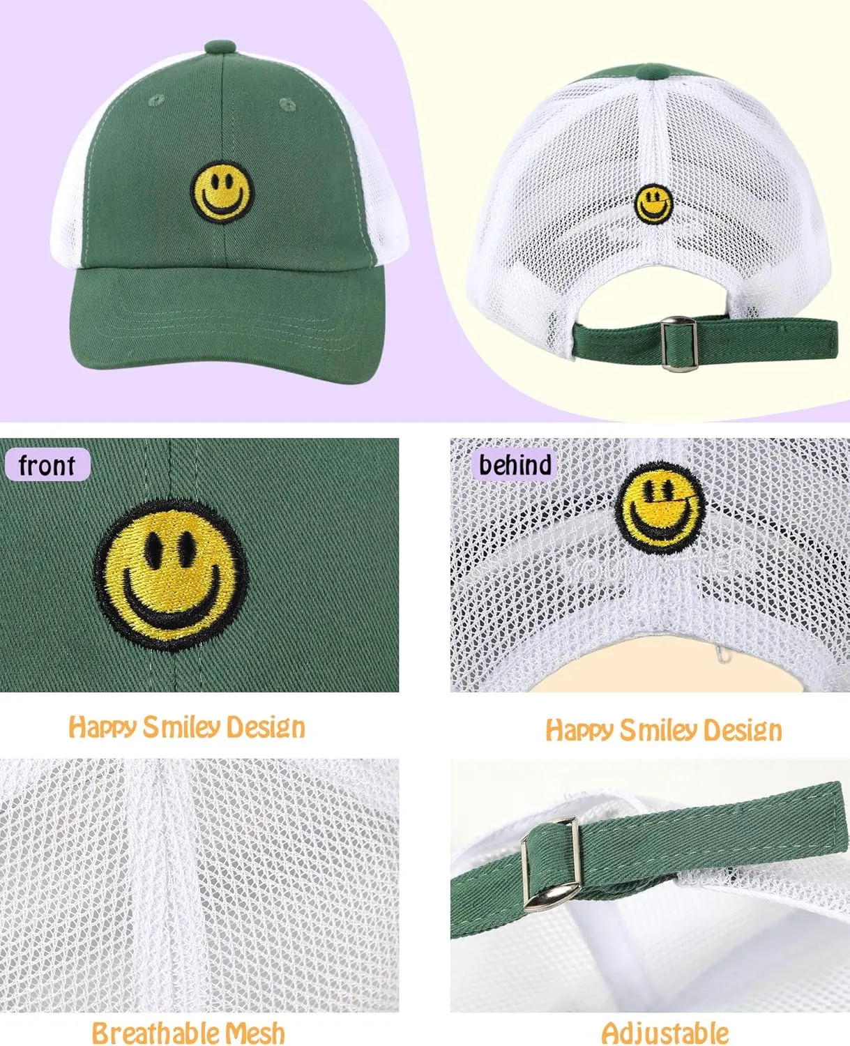 SONMONY Kids Baseball Hat Smiley Face Toddler Trucker Hats Lightweight Mesh Back Trucker Cap for Girls Boys
