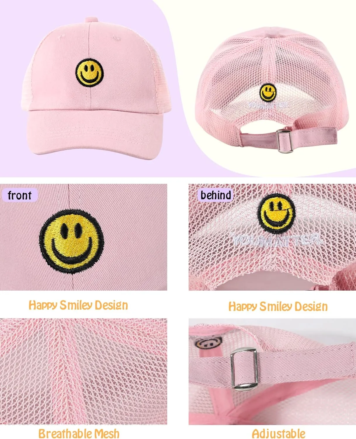 SONMONY Kids Baseball Hat Smiley Face Toddler Trucker Hats Lightweight Mesh Back Trucker Cap for Girls Boys