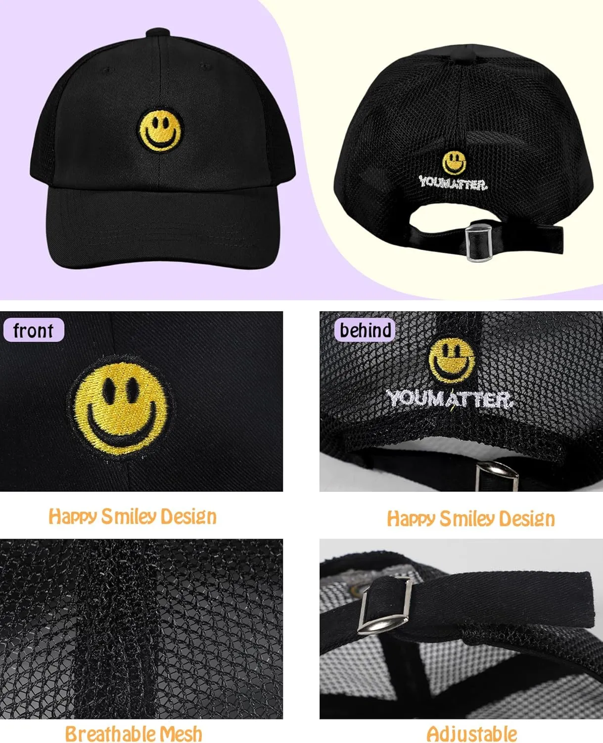 SONMONY Kids Baseball Hat Smiley Face Toddler Trucker Hats Lightweight Mesh Back Trucker Cap for Girls Boys