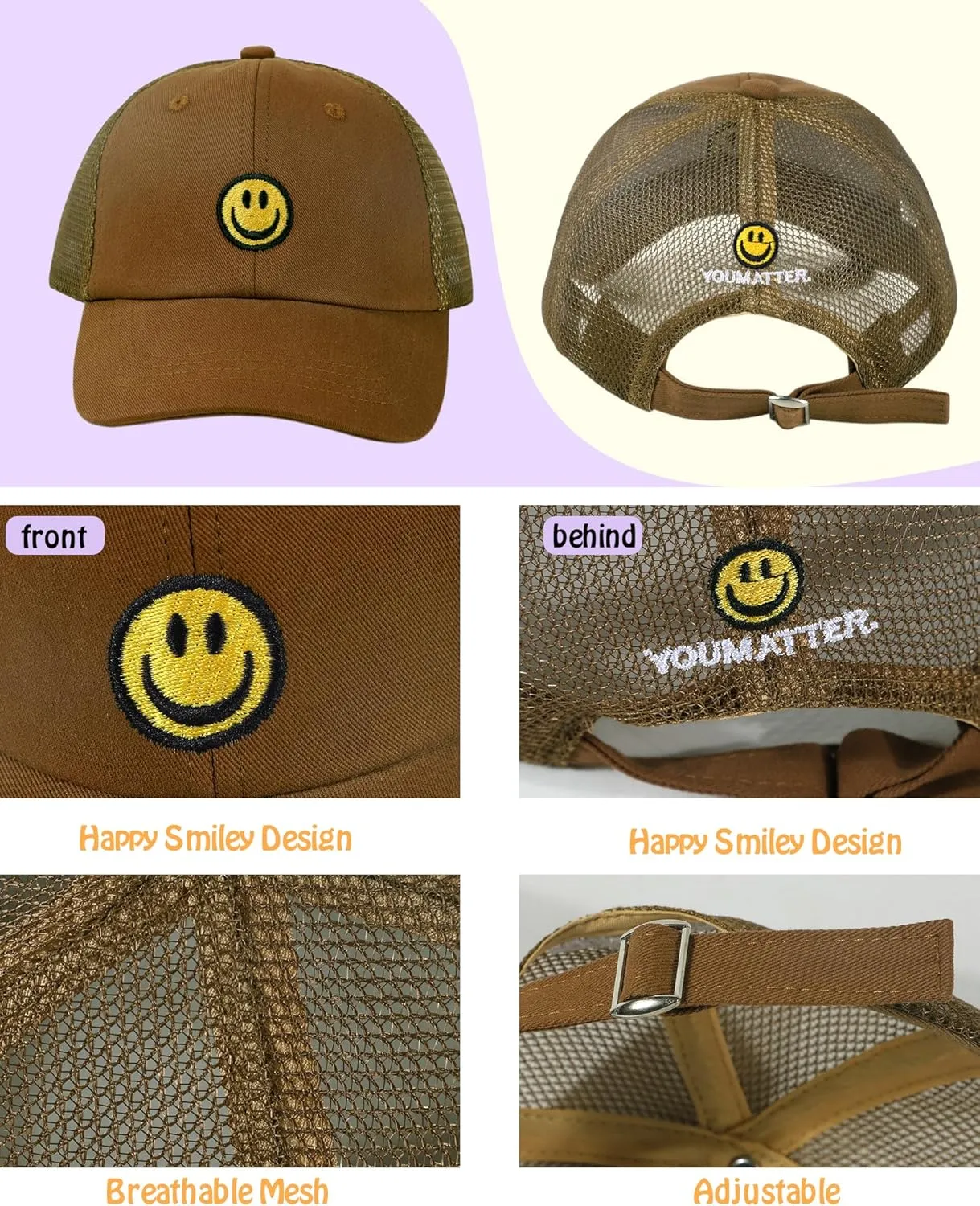SONMONY Kids Baseball Hat Smiley Face Toddler Trucker Hats Lightweight Mesh Back Trucker Cap for Girls Boys