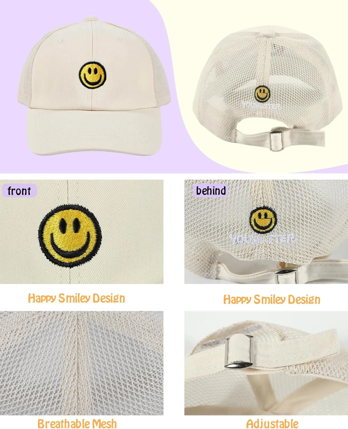SONMONY Kids Baseball Hat Smiley Face Toddler Trucker Hats Lightweight Mesh Back Trucker Cap for Girls Boys