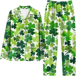 St. Patricks Day Pajamas Set for Women 2 Piece Shamrock Clover All Over Print Long Sleeve Top and Long Pants Lounge Sleepwear