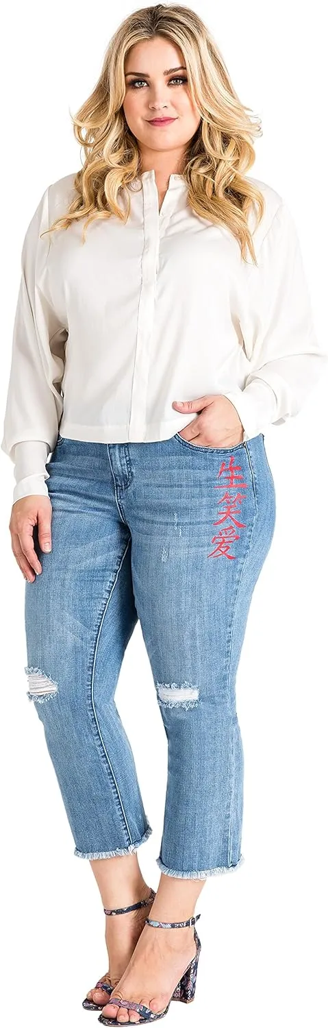 Standards & Practices Women's Plus Size Ankle Jeans with Cropped and Frayed Edges