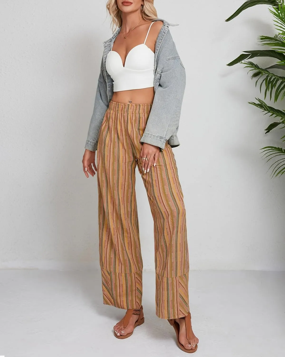 Striped Palazzo Pants for Women Summer Casual Elastic High Waisted Wide Leg Beach Pants Travel Vacation Outfits