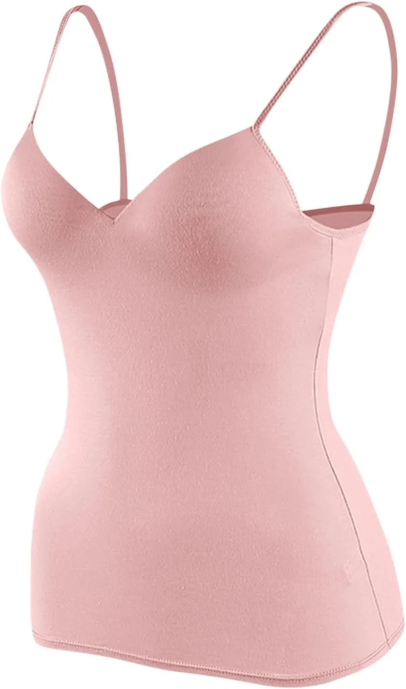 Tank Top with Built in Bra for Women Sexy Spaghetti Strap v Neck Camisole Tops Workout Summer Cami Undershirt