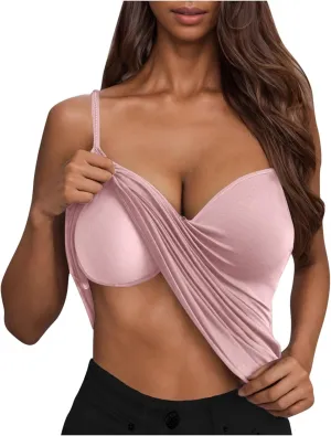 Tank Top with Built in Bra for Women Sexy Spaghetti Strap v Neck Camisole Tops Workout Summer Cami Undershirt