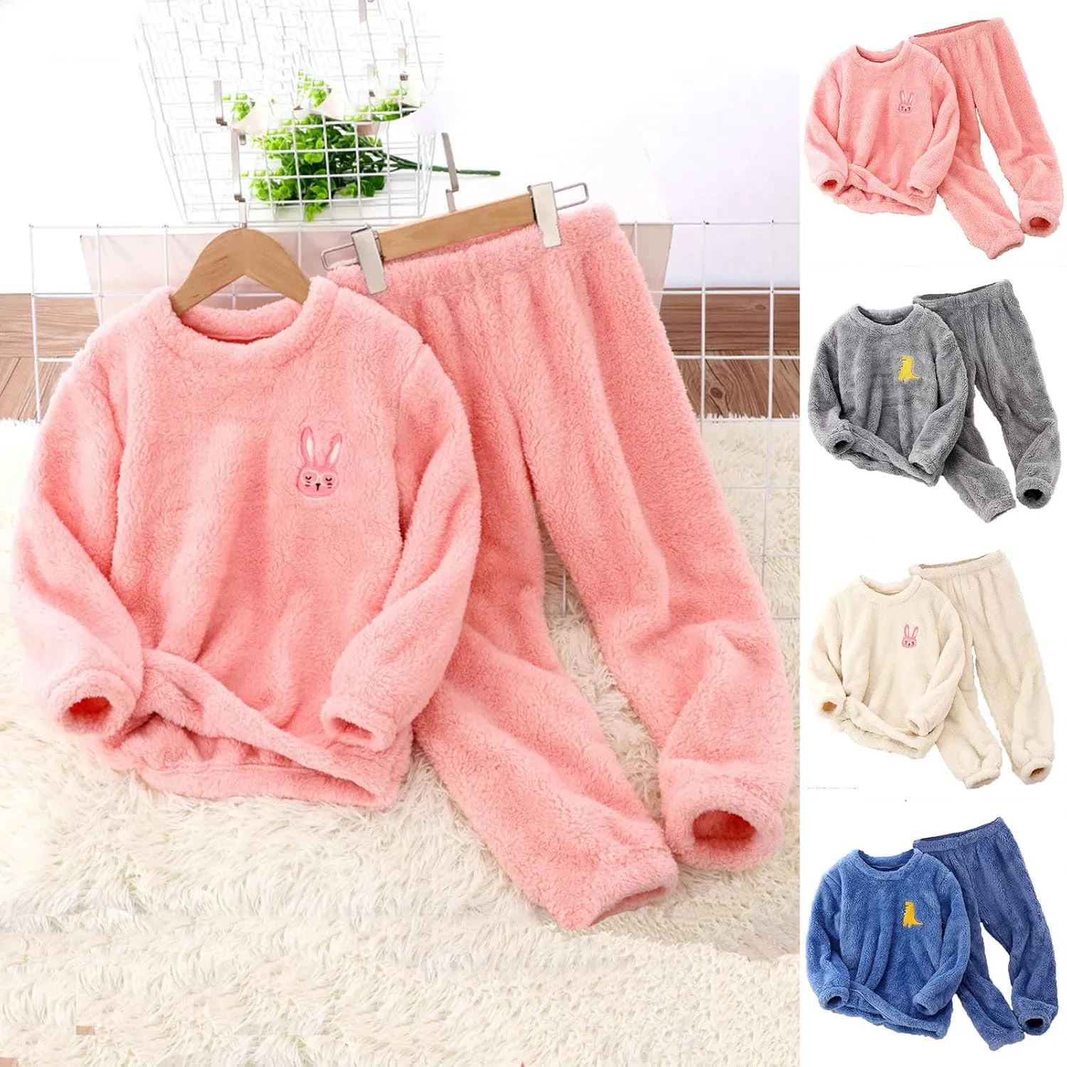 Toddler Boys Girls Fleece Pajama Set Winter Warm Plush Tops Pants Outfits Sleepwear Soft Comfy 2 Piece Loungewear Child PJS
