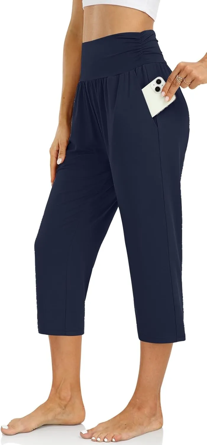 UEU Women's Capri Pants Summer Loose Yoga Pants Comfy Workout Cropprd Pants with Pockets