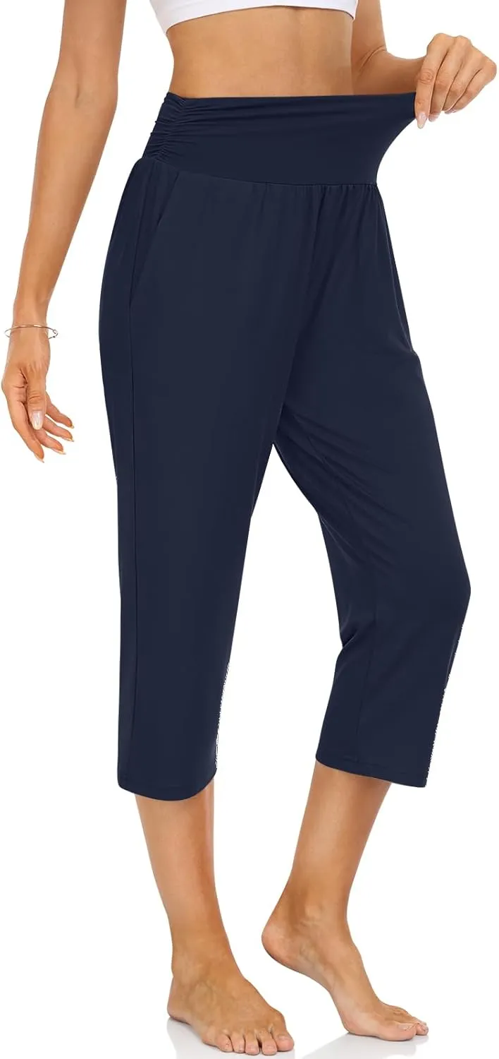 UEU Women's Capri Pants Summer Loose Yoga Pants Comfy Workout Cropprd Pants with Pockets
