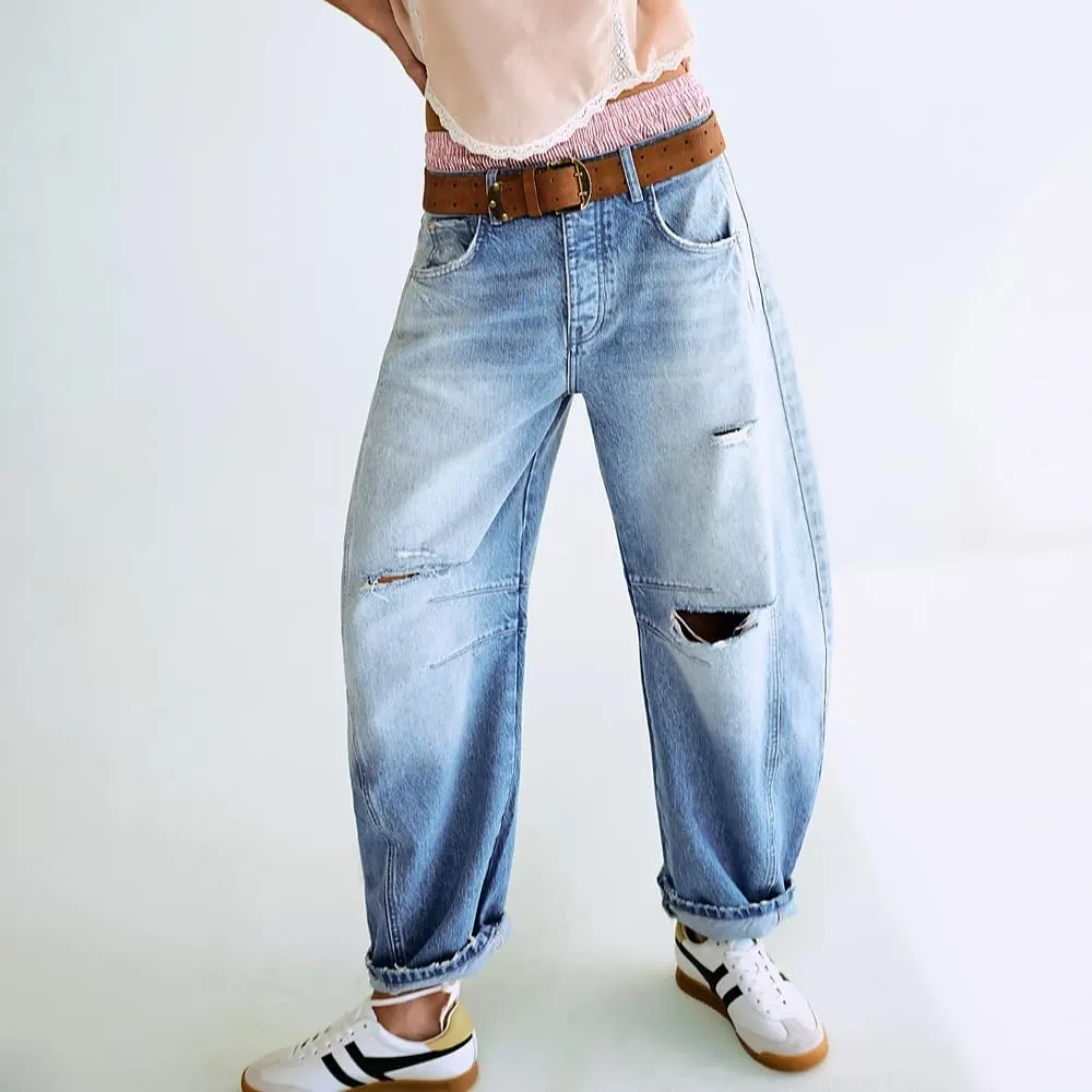 utcoco Womens Mid Rise Barrel Jeans Distressed Ripped Loose Wide Leg Jeans Denim Long Pants Y2k Baggy Boyfriend Jeans