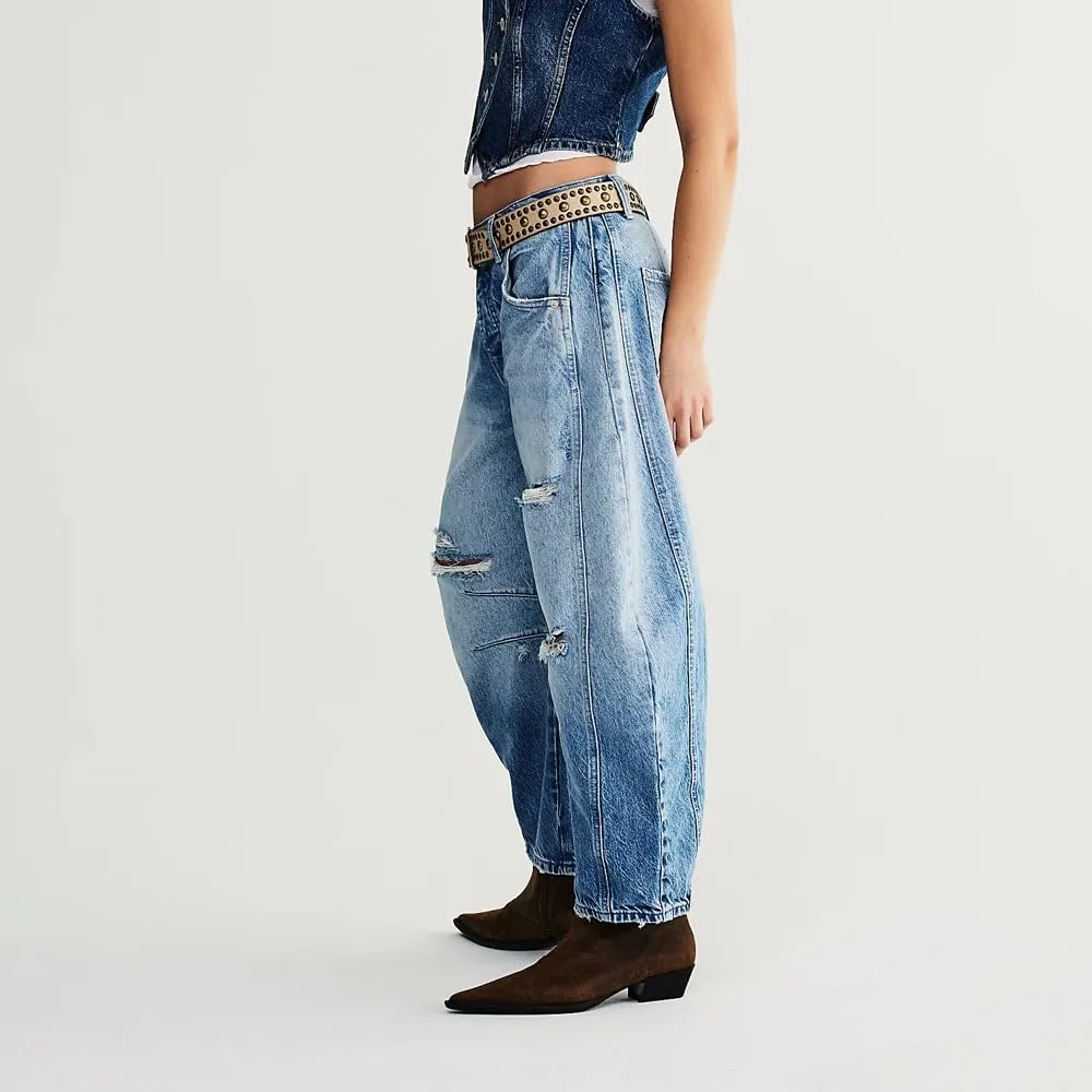 utcoco Womens Mid Rise Barrel Jeans Distressed Ripped Loose Wide Leg Jeans Denim Long Pants Y2k Baggy Boyfriend Jeans