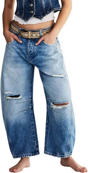 utcoco Womens Mid Rise Barrel Jeans Distressed Ripped Loose Wide Leg Jeans Denim Long Pants Y2k Baggy Boyfriend Jeans