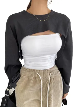 Verdusa Women's Casual Crewneck Long Sleeve Crop Tops Drop Shoulder Asymmetrical High Low Hem Sweatshirts Top