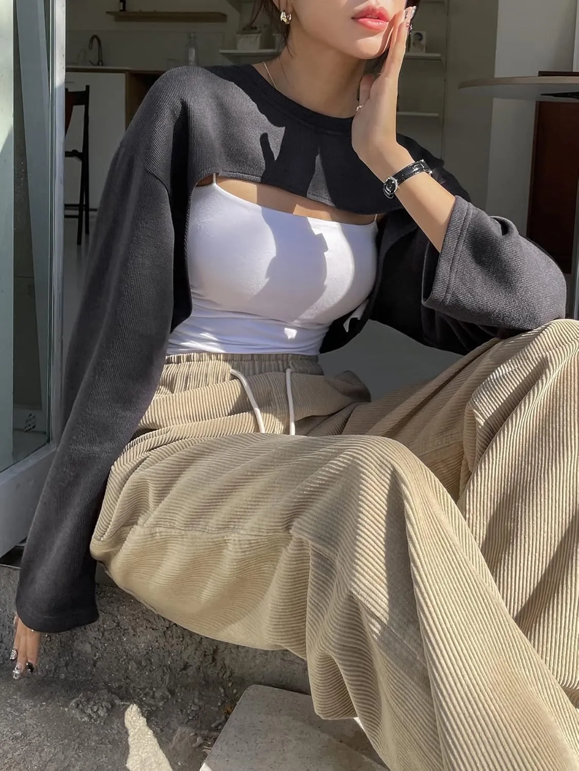 Verdusa Women's Casual Crewneck Long Sleeve Crop Tops Drop Shoulder Asymmetrical High Low Hem Sweatshirts Top