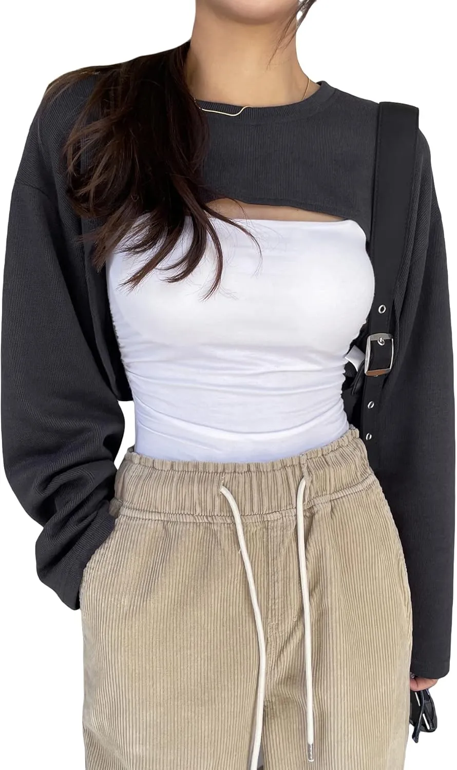 Verdusa Women's Casual Crewneck Long Sleeve Crop Tops Drop Shoulder Asymmetrical High Low Hem Sweatshirts Top