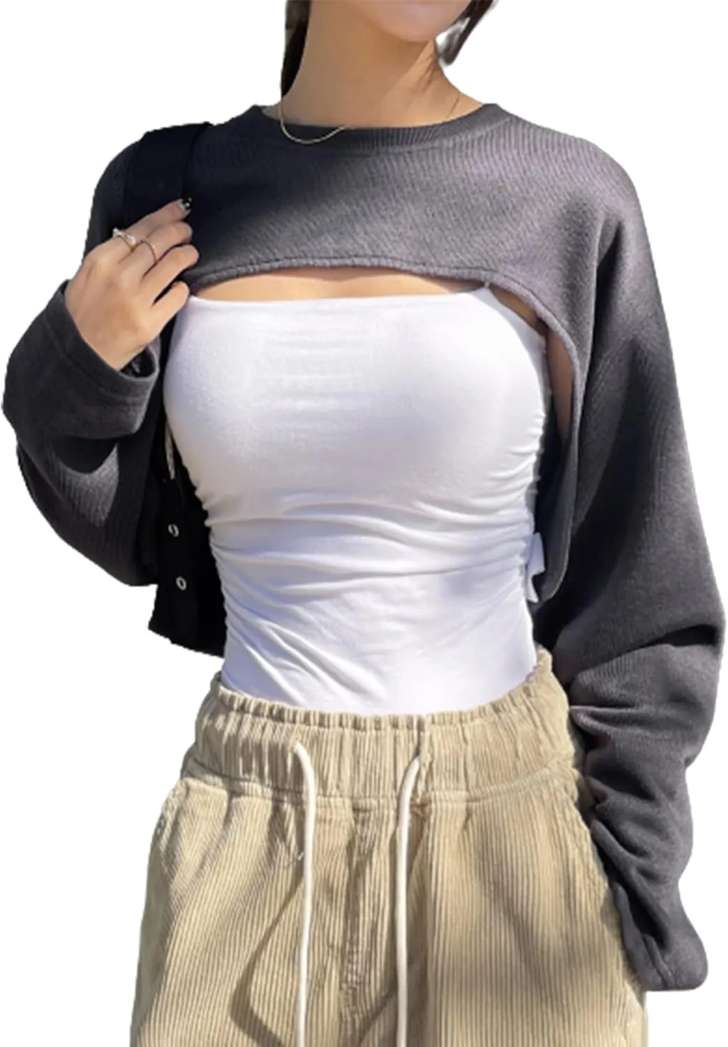 Verdusa Women's Casual Crewneck Long Sleeve Crop Tops Drop Shoulder Asymmetrical High Low Hem Sweatshirts Top