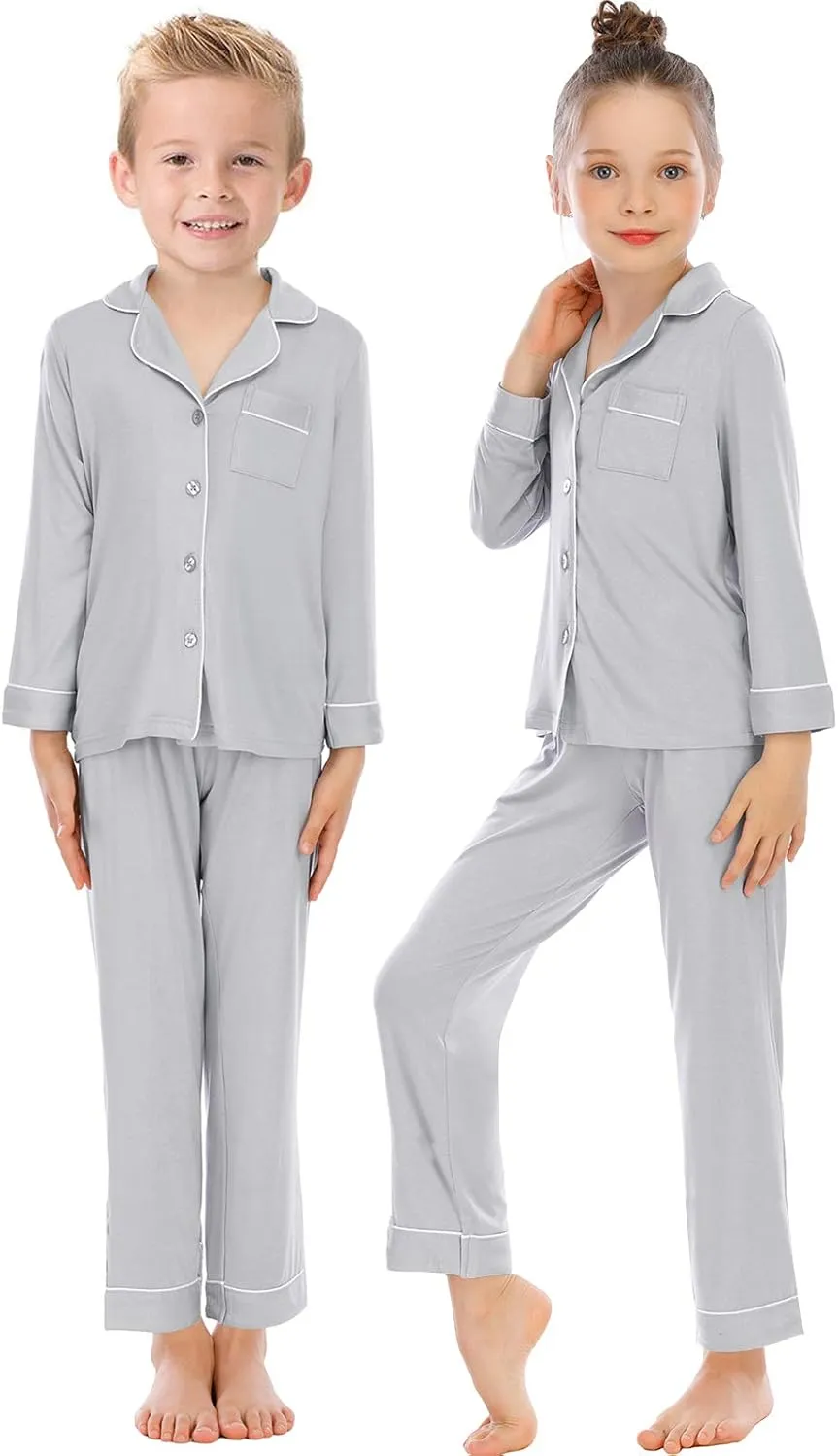 Veseacky Unisex Girls Boys Pajamas Long Sleeve Sleepwear Button-Down 2 Pcs Pjs Set for 5-14 Years