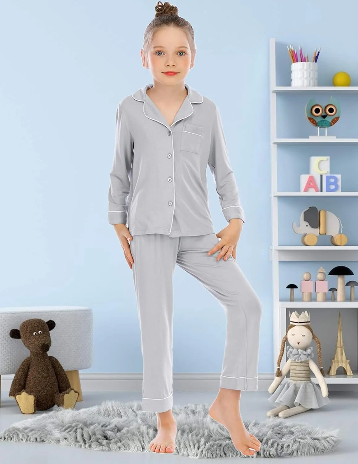 Veseacky Unisex Girls Boys Pajamas Long Sleeve Sleepwear Button-Down 2 Pcs Pjs Set for 5-14 Years