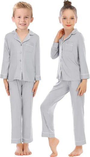 Veseacky Unisex Girls Boys Pajamas Long Sleeve Sleepwear Button-Down 2 Pcs Pjs Set for 5-14 Years