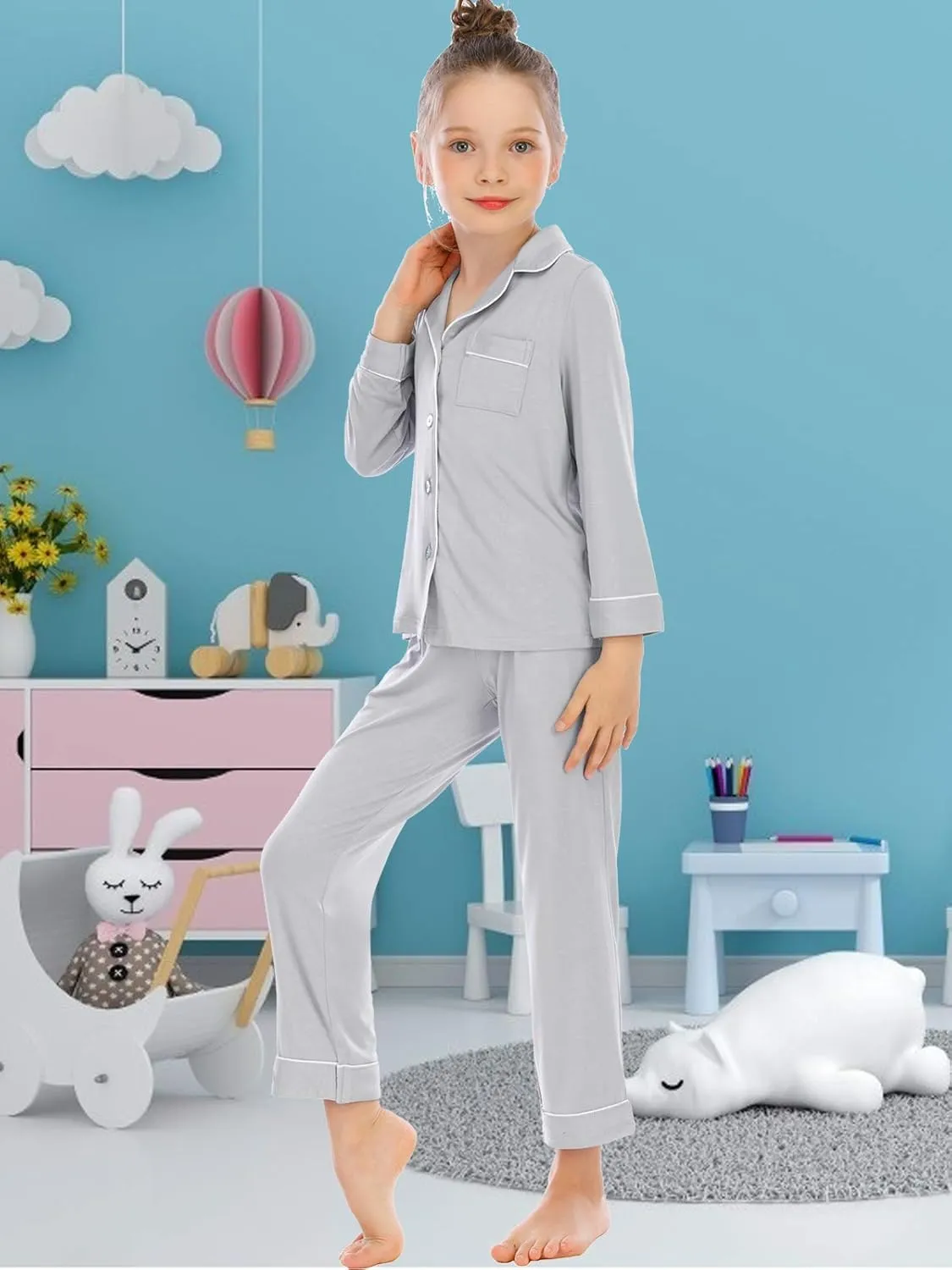 Veseacky Unisex Girls Boys Pajamas Long Sleeve Sleepwear Button-Down 2 Pcs Pjs Set for 5-14 Years