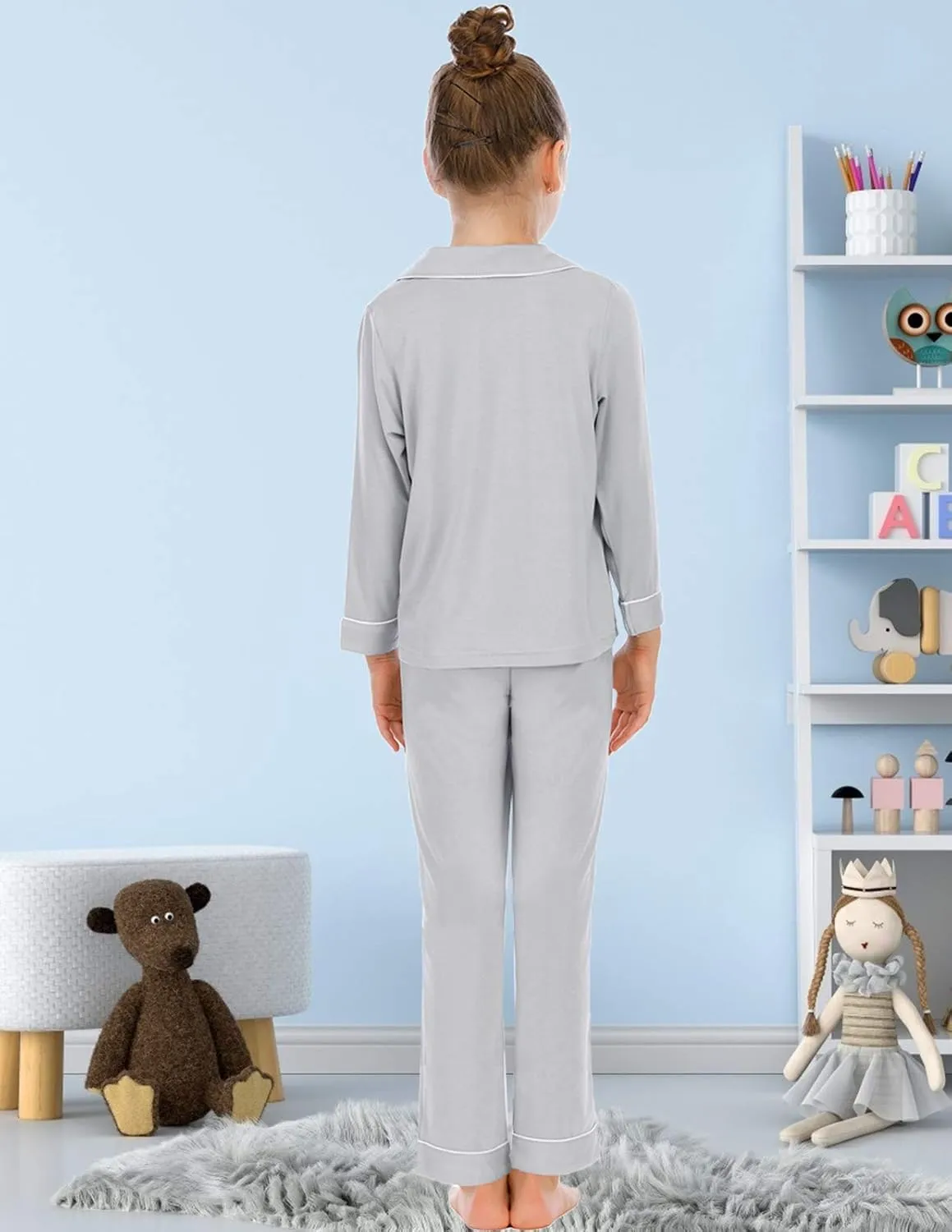 Veseacky Unisex Girls Boys Pajamas Long Sleeve Sleepwear Button-Down 2 Pcs Pjs Set for 5-14 Years